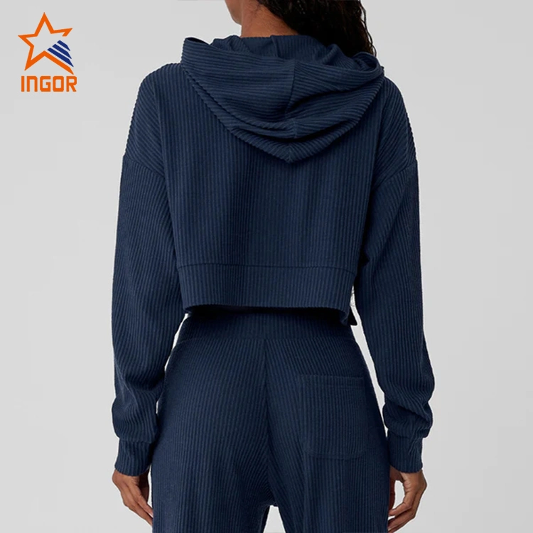 Ingor Sportswear Fitness Clothing Suppliers Custom Women Activewear Ribbed Knit Crop Hoodies