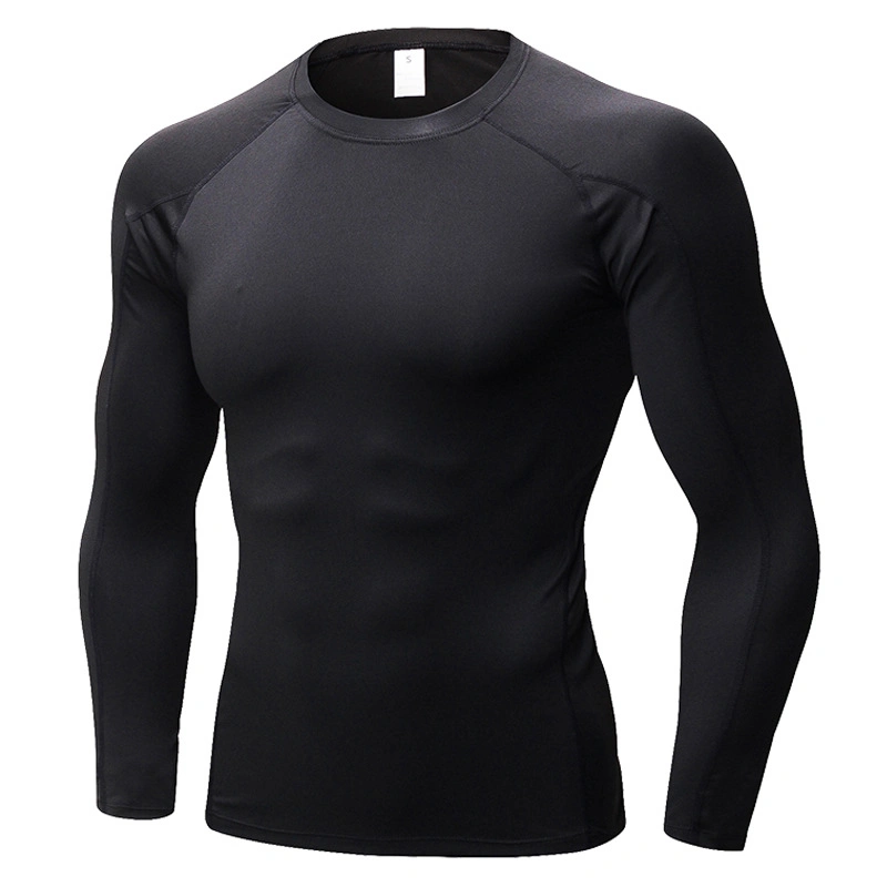 2021 Men&prime; S Blue Round Neck Pullover Gym Fitness Clothing Long Sleeve Quick Dry Sports Wear Weightlifting Compression Shirt with Black Contrast Stitching