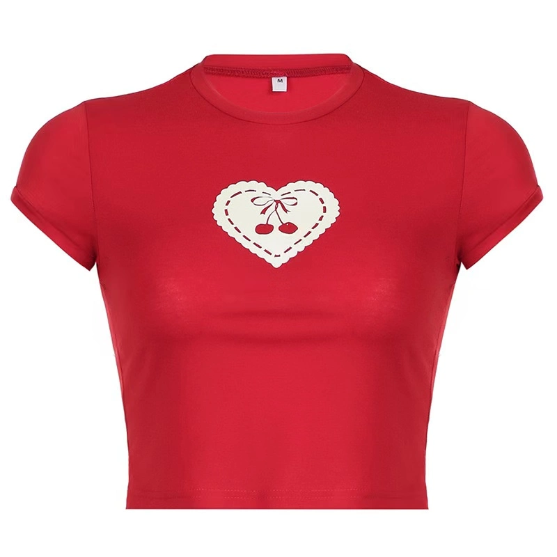 Cherry Heart-Shaped Print Round Neck Slim Red Short-Sleeved T-Shirt Top