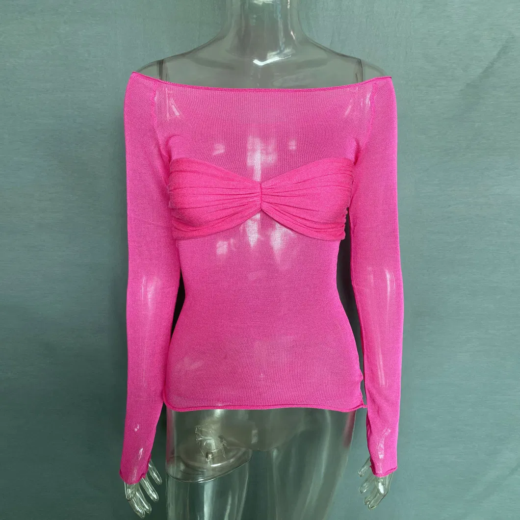 2024 Customized Spring/Summer Mesh Transparent Long Sleeved T-Shirt Fashion Strapless Sexy Top