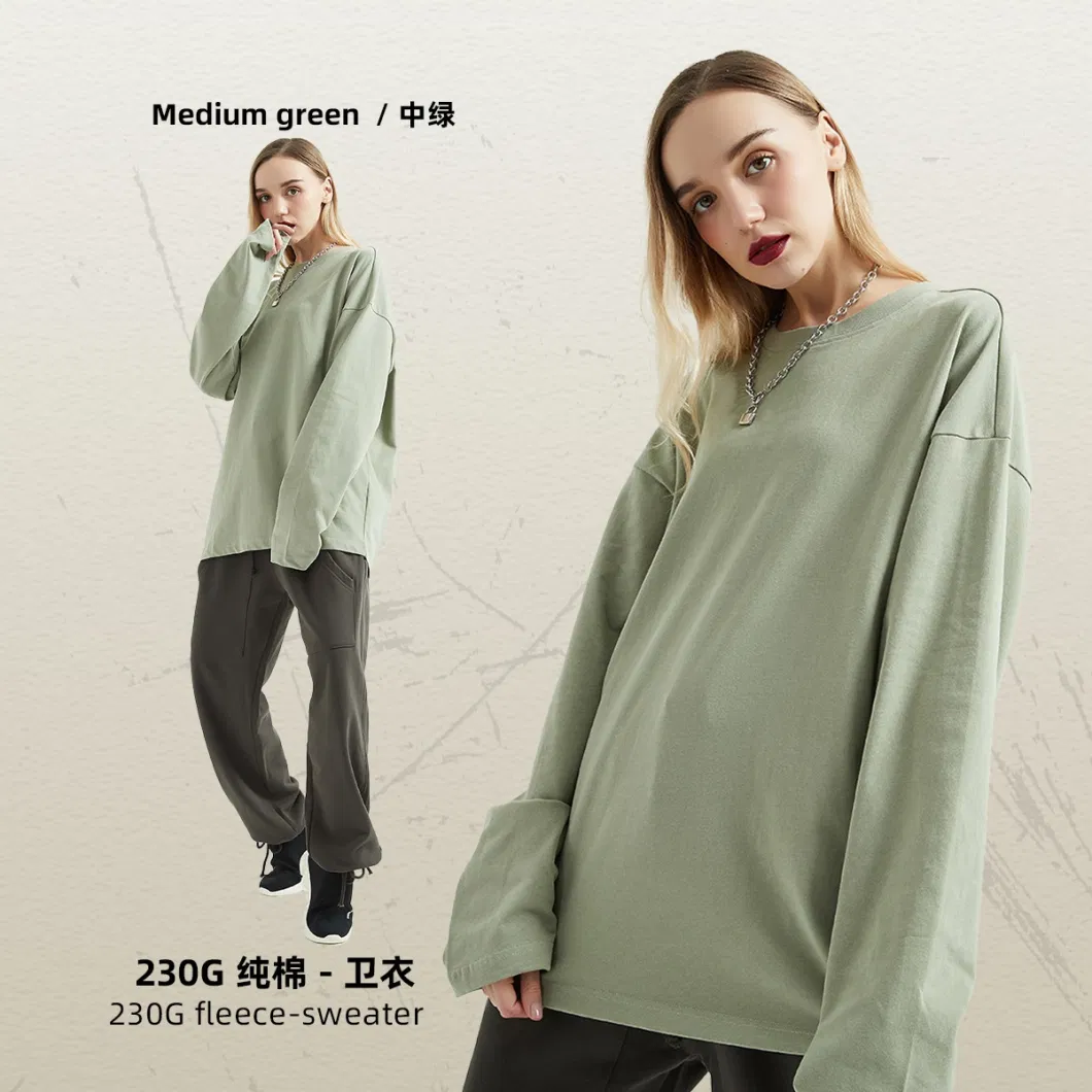 Fall New 230g Women Thickened Double Gauze Solid Color Pullover T-Shirt Loose Cotton Long Sleeve Men&prime;s Fashion T-Shirt