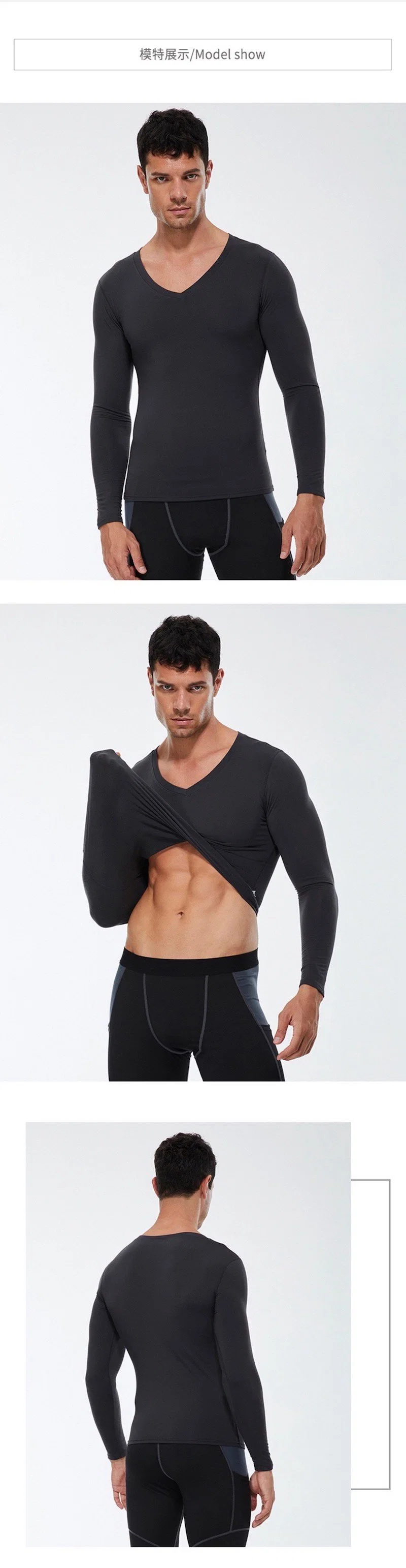 Tianchen Factory Wholesale Men&prime;s Compression Long-Sleeve Active Workout T-Shirt for Running Keep Warm Fleece Lined V Neck Sports Sweatshirts Gym Tops