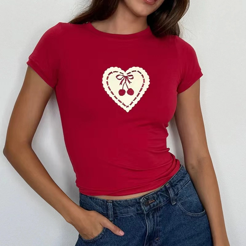 Cherry Heart-Shaped Print Round Neck Slim Red Short-Sleeved T-Shirt Top