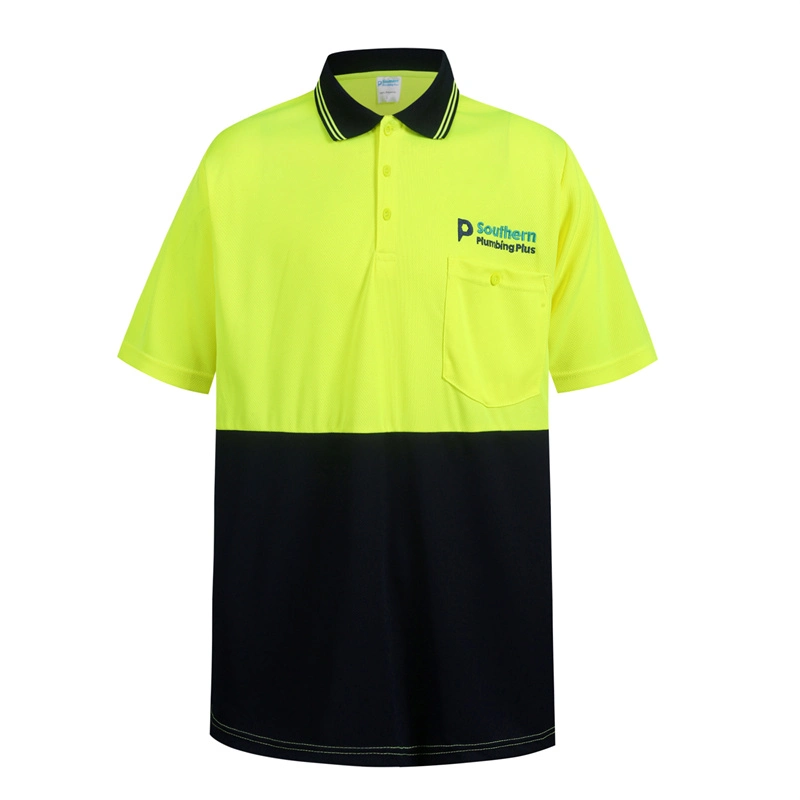 Custom Workwear Sublimation High Visibility Fluorescein Black Bontrast Security Mens Polo Shirt