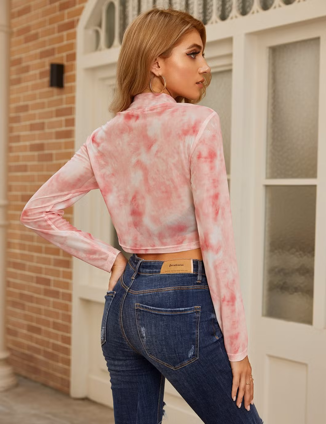 Women&prime;s T-Shirts Long Sleeve New Women Casual Crop Tops Fashionable Polyester Tie Dye T Shirt