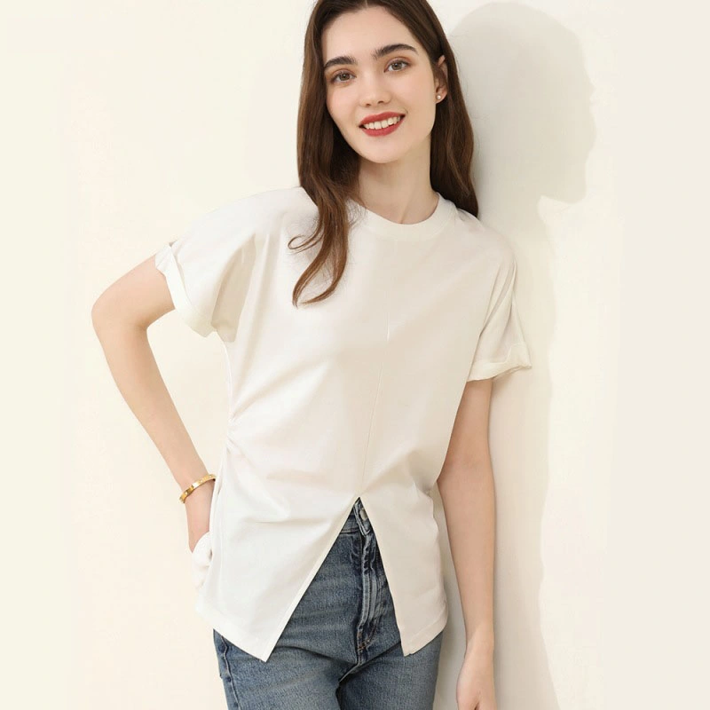 Summer Casual Loose Round Neck Short Sleeve T-Shirt Drawstring Split Bat Sleeve Sweatshirt for Women