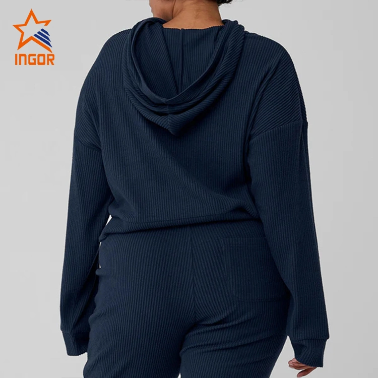 Ingor Sportswear Fitness Clothing Suppliers Custom Women Activewear Ribbed Knit Crop Hoodies