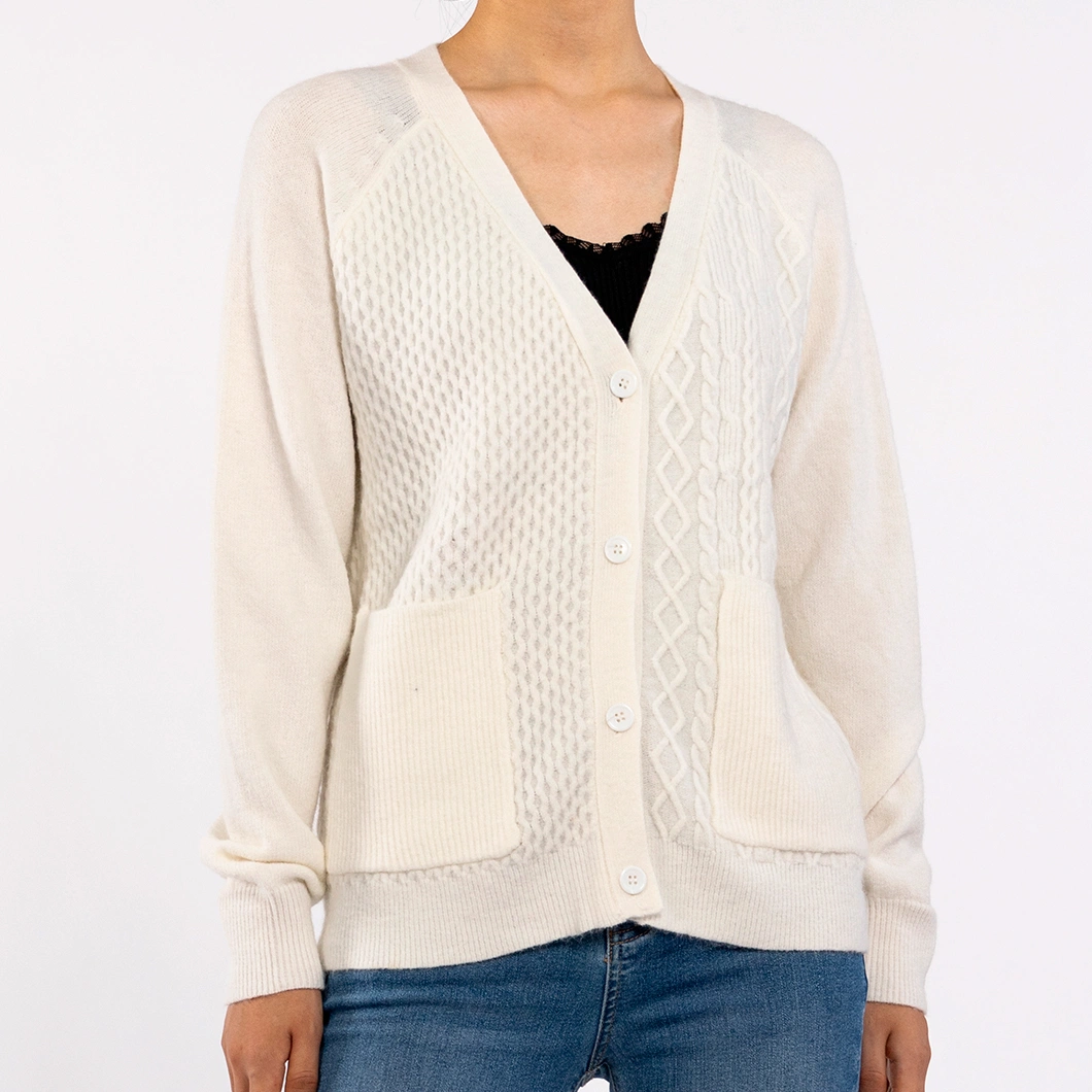 Spring Fall Design Textured V-Neck Long Sleeve with Pockets White Cardigan for Women