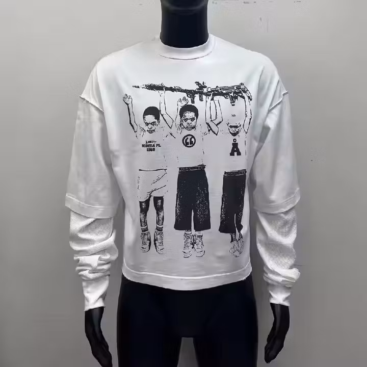 OEM Custom Baggy DTG Printing Logo Distressed Long Sleeve T-Shirt Distressed Double Layer Thermal Sleeve Reversed Shoulder T-Shirt Men