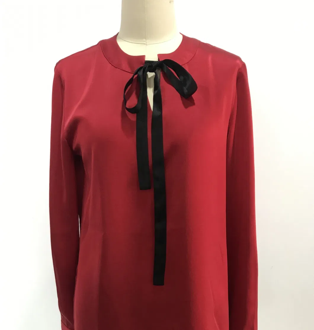 Women Silk Bow Tie Neck Blouses Casual Tops Long Sleeve Red Top