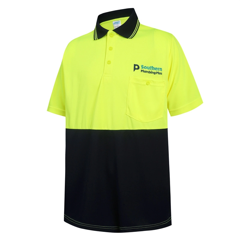 Custom Workwear Sublimation High Visibility Fluorescein Black Bontrast Security Mens Polo Shirt