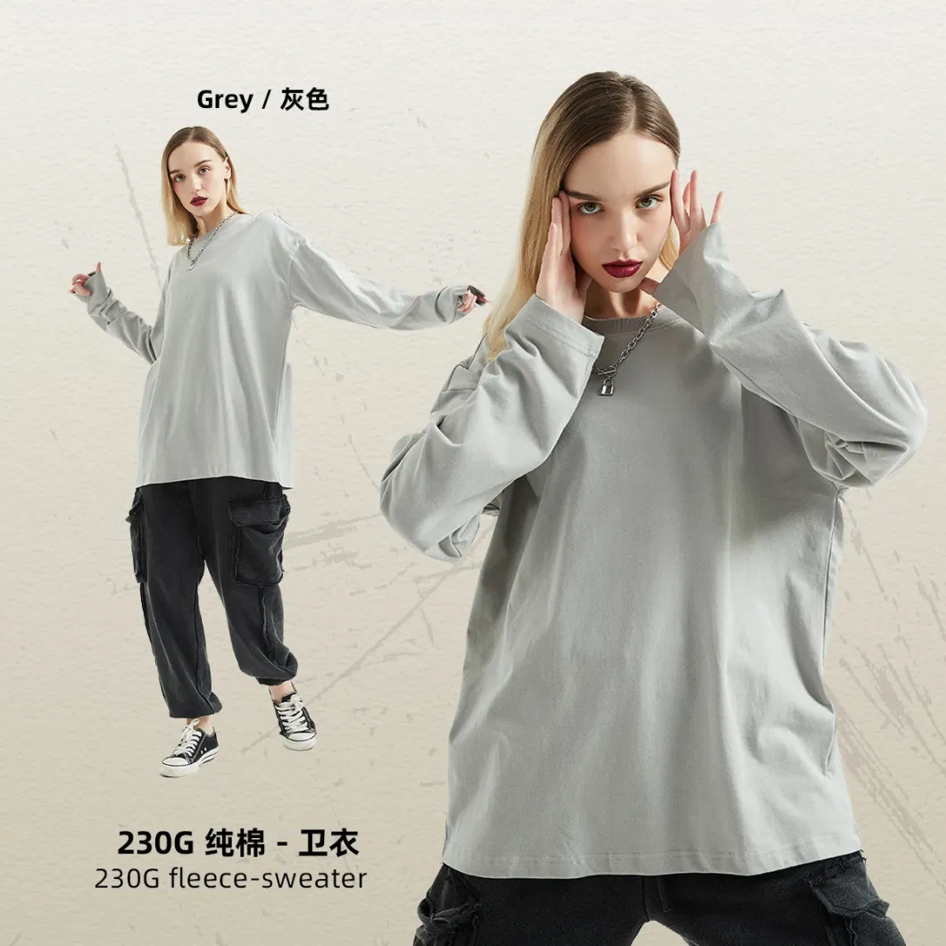 Fall New 230g Women Thickened Double Gauze Solid Color Pullover T-Shirt Loose Cotton Long Sleeve Men&prime;s Fashion T-Shirt