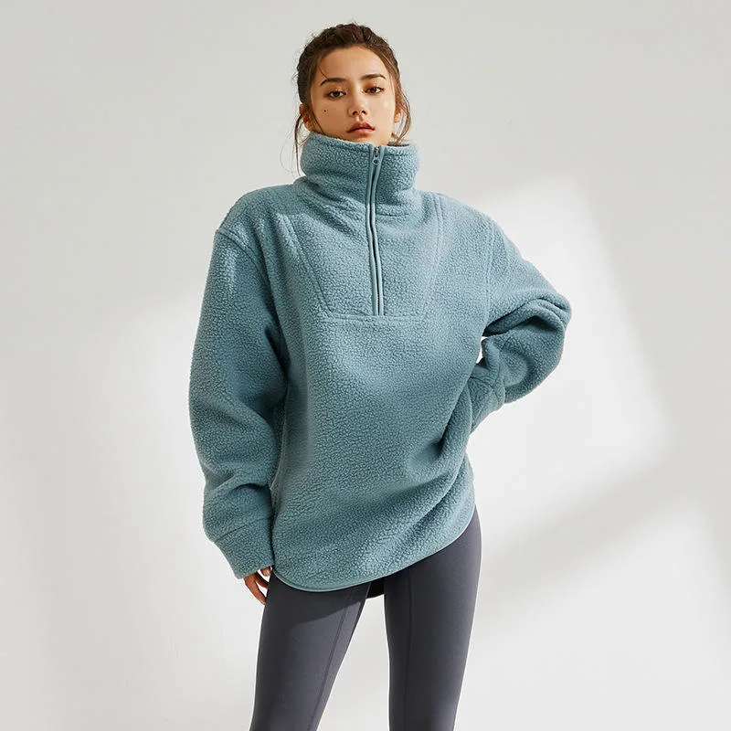 2023 New Half Zipper Lapel Sweats Teddy Soft Fabric Fleece Mock Neck Sweatshirt for Women Sports