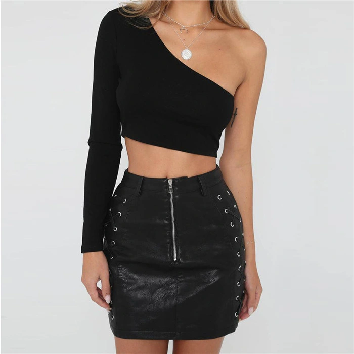 Women Asymmetrical Long Sleeve Crop Top Sexy Tank Top Esg13649