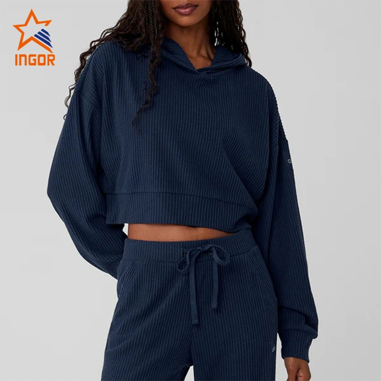 Ingor Sportswear Fitness Clothing Suppliers Custom Women Activewear Ribbed Knit Crop Hoodies