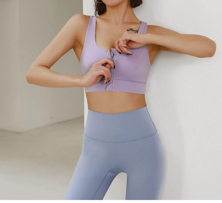 Women&prime;s Sports Top Front Zipper Push up Bra Fitness Crop Top Sexy Yoga Running Vest