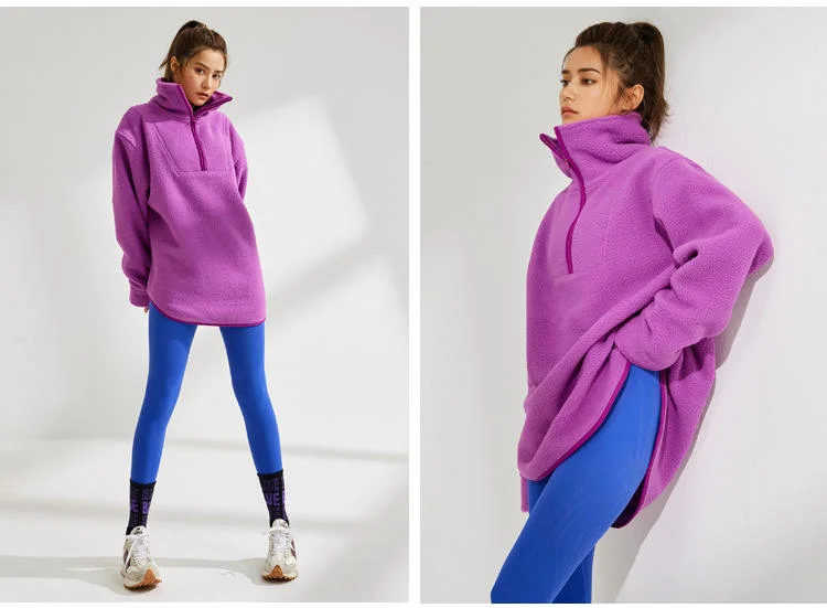 2023 New Half Zipper Lapel Sweats Teddy Soft Fabric Fleece Mock Neck Sweatshirt for Women Sports