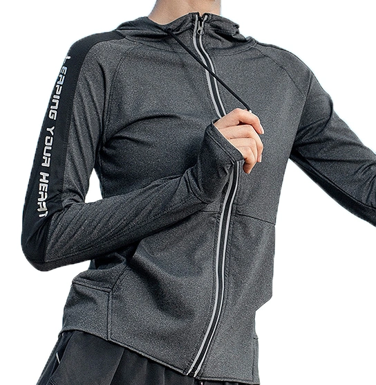 Women&prime;s Hooded Long Sleeve Workout Fast Dry Running Sweatshirt Gym Shirt Zipper Jacket Sports Tops