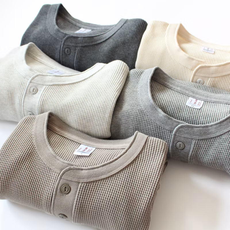 Fashion Cotton Waffle Long Sleeve Workout Leisure Wear Henley T-Shirts