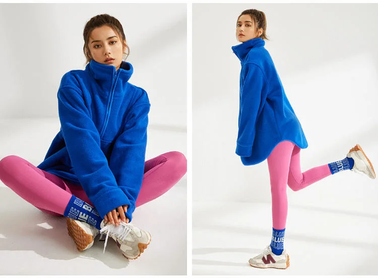 2023 New Half Zipper Lapel Sweats Teddy Soft Fabric Fleece Mock Neck Sweatshirt for Women Sports