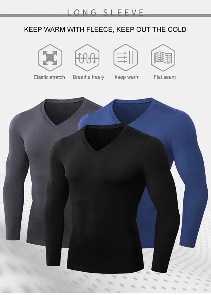 Tianchen Factory Wholesale Men&prime;s Compression Long-Sleeve Active Workout T-Shirt for Running Keep Warm Fleece Lined V Neck Sports Sweatshirts Gym Tops