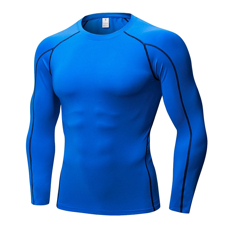 2021 Men&prime; S Blue Round Neck Pullover Gym Fitness Clothing Long Sleeve Quick Dry Sports Wear Weightlifting Compression Shirt with Black Contrast Stitching