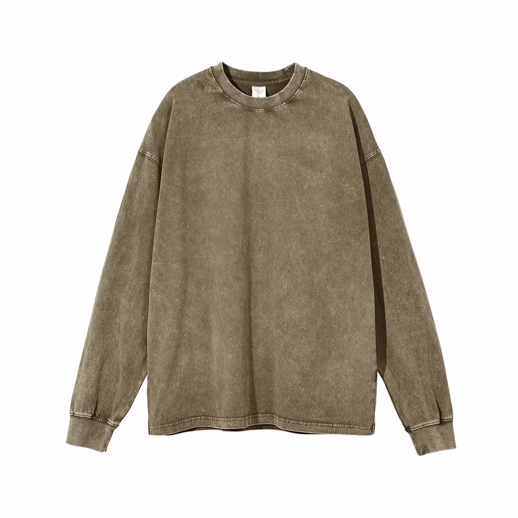 Wholesale 250GSM Acid Wash Long Sleeve Shirts Cotton Fitted T-Shirt Custom Own Screen Print Logo Custom Shirts for Men