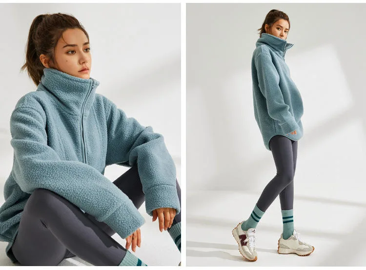 2023 New Half Zipper Lapel Sweats Teddy Soft Fabric Fleece Mock Neck Sweatshirt for Women Sports