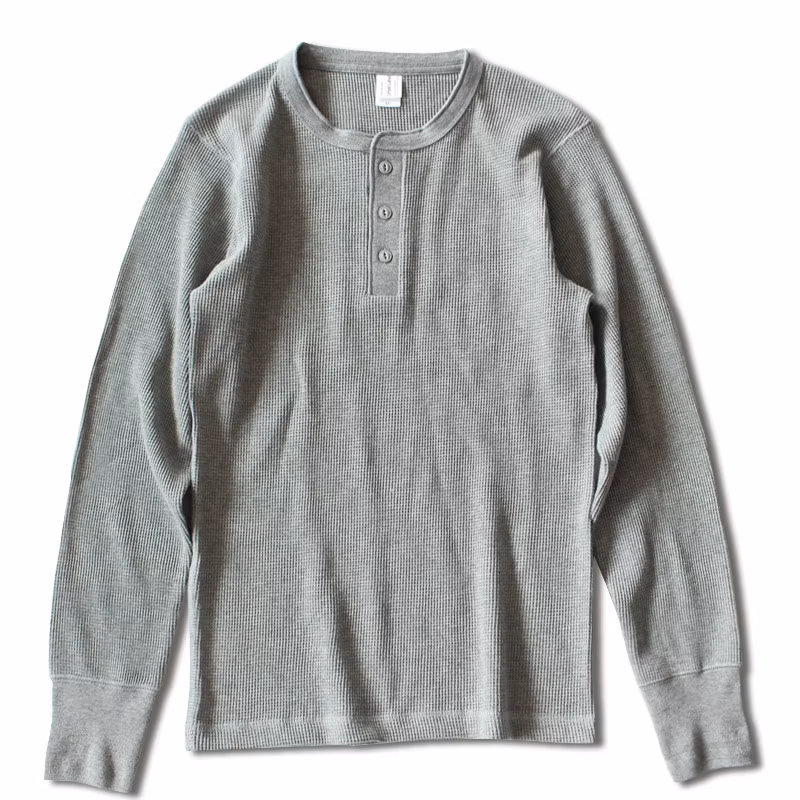 Fashion Cotton Waffle Long Sleeve Workout Leisure Wear Henley T-Shirts