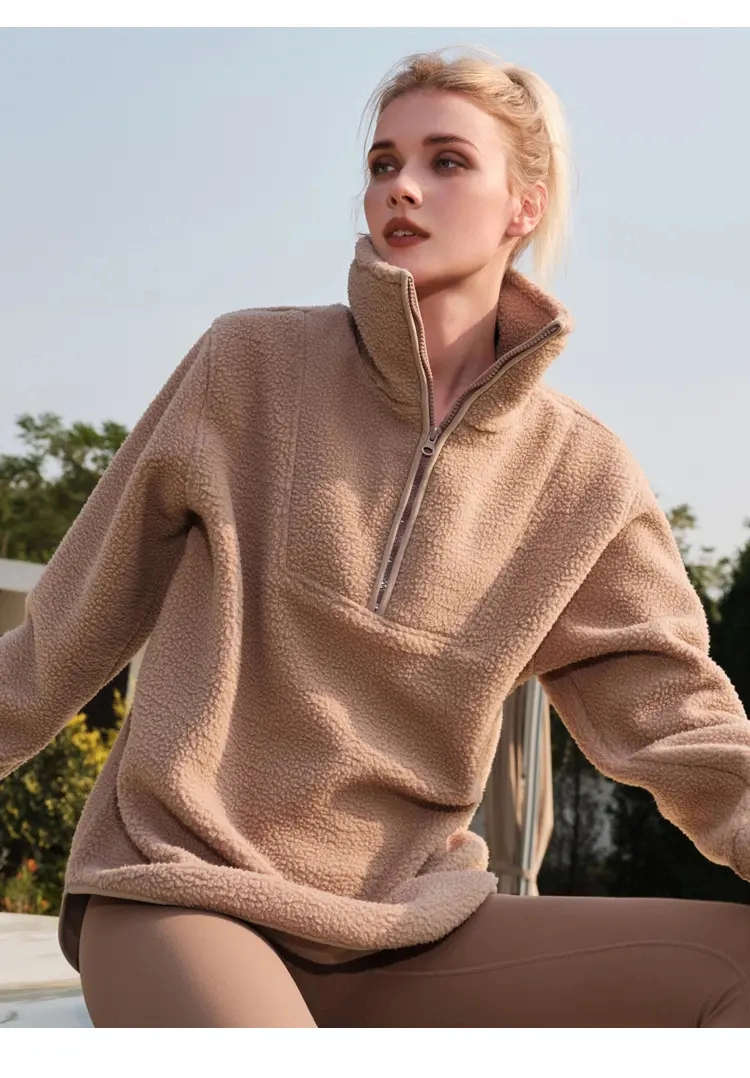 2023 New Half Zipper Lapel Sweats Teddy Soft Fabric Fleece Mock Neck Sweatshirt for Women Sports