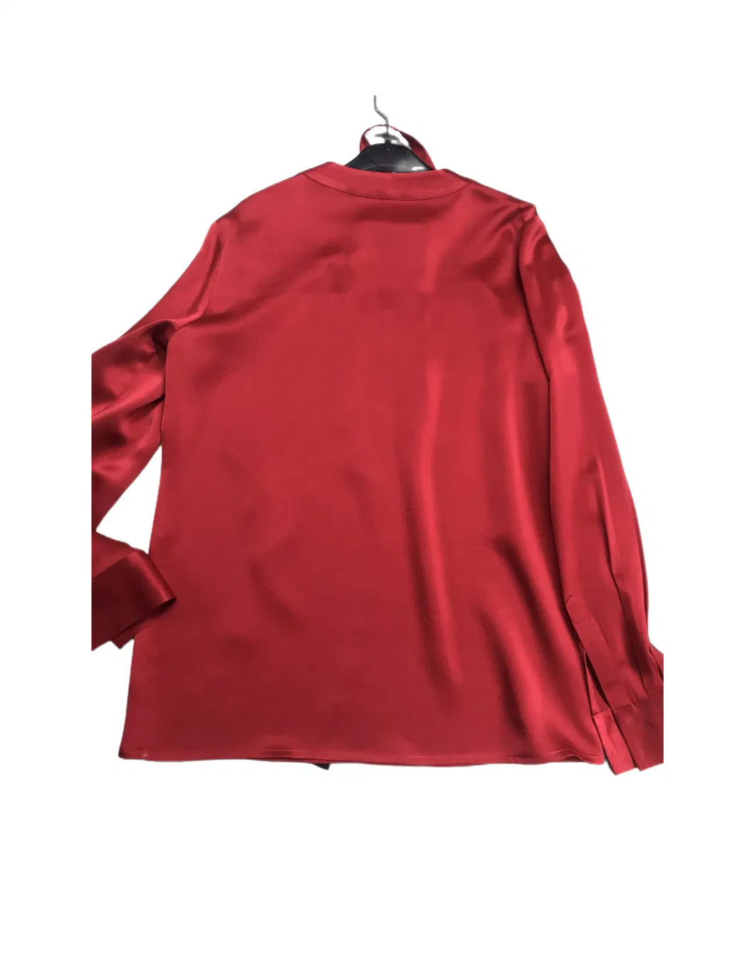 Chinese Red Black Neck Tie Essentials Summer Loose Silk Blouse Long Sleeve Casual Round Neck Peplum Tops