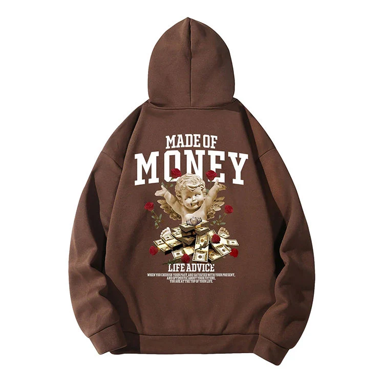 OEM Wholesale Custom Graphic Hoodies Drawstring Hooded Sweatshirts Drop Shoulder Plain Brown Kangaroo Pocket Hoodie