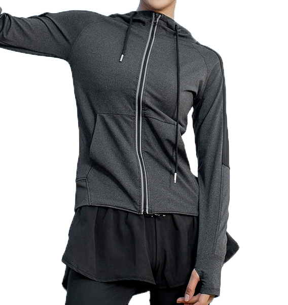 Women&prime;s Hooded Long Sleeve Workout Fast Dry Running Sweatshirt Gym Shirt Zipper Jacket Sports Tops