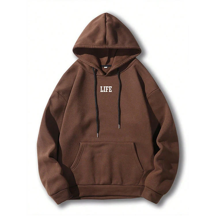 OEM Wholesale Custom Graphic Hoodies Drawstring Hooded Sweatshirts Drop Shoulder Plain Brown Kangaroo Pocket Hoodie