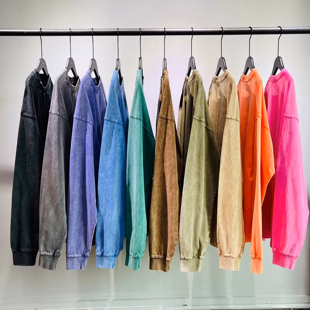 Wholesale 250GSM Acid Wash Long Sleeve Shirts Cotton Fitted T-Shirt Custom Own Screen Print Logo Custom Shirts for Men