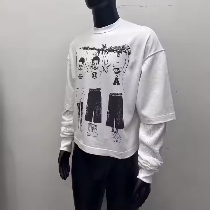 OEM Custom Baggy DTG Printing Logo Distressed Long Sleeve T-Shirt Distressed Double Layer Thermal Sleeve Reversed Shoulder T-Shirt Men