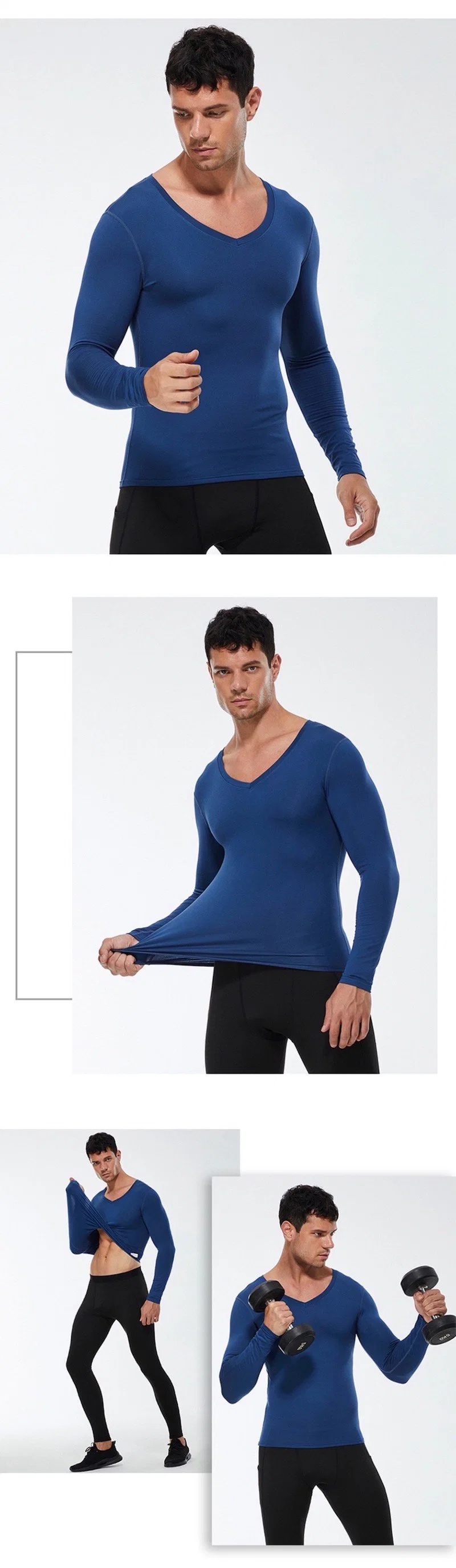 Tianchen Factory Wholesale Men&prime;s Compression Long-Sleeve Active Workout T-Shirt for Running Keep Warm Fleece Lined V Neck Sports Sweatshirts Gym Tops