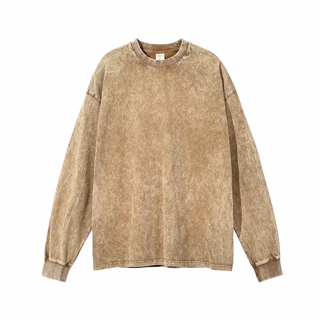 Wholesale 250GSM Acid Wash Long Sleeve Shirts Cotton Fitted T-Shirt Custom Own Screen Print Logo Custom Shirts for Men