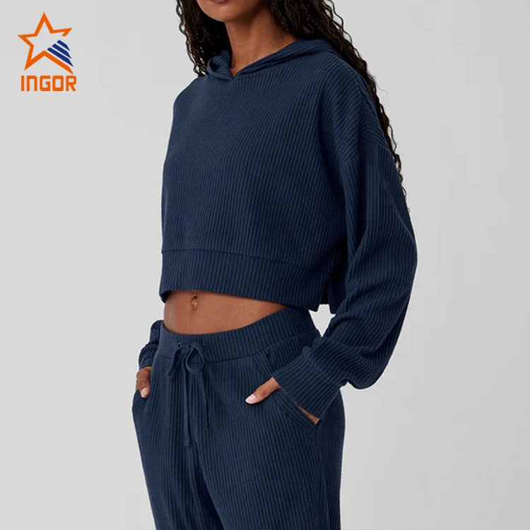 Ingor Sportswear Fitness Clothing Suppliers Custom Women Activewear Ribbed Knit Crop Hoodies