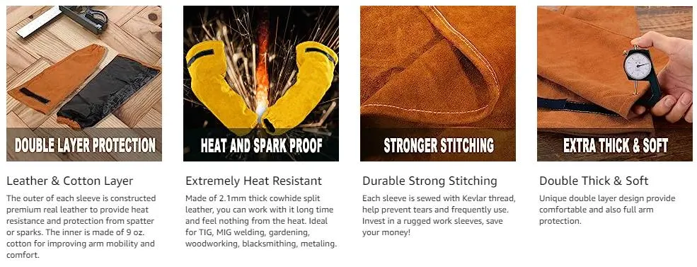 Leather Welding Work Sleeves for Men&Women - Heat&Flame Resistant Arm Protection with Kevlar Stitching and Cotton Lining