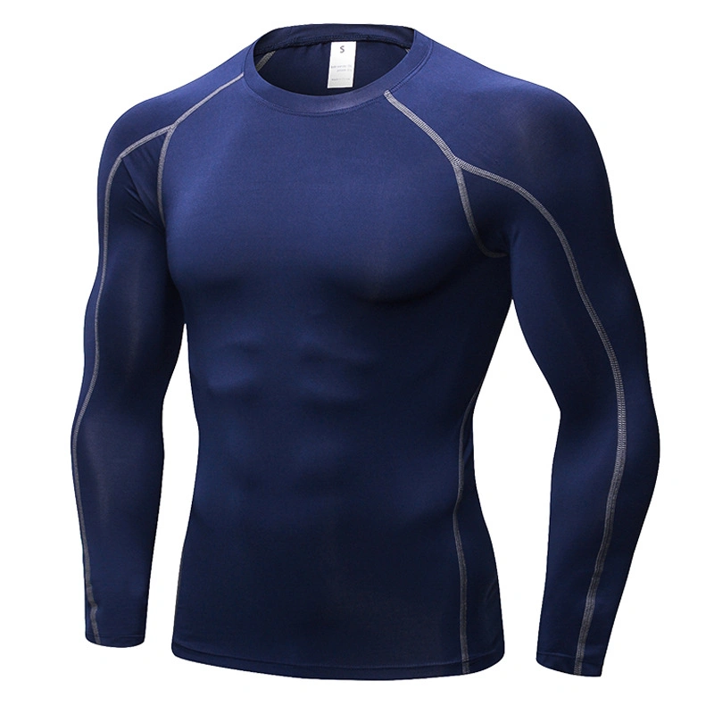 2021 Men&prime; S Blue Round Neck Pullover Gym Fitness Clothing Long Sleeve Quick Dry Sports Wear Weightlifting Compression Shirt with Black Contrast Stitching