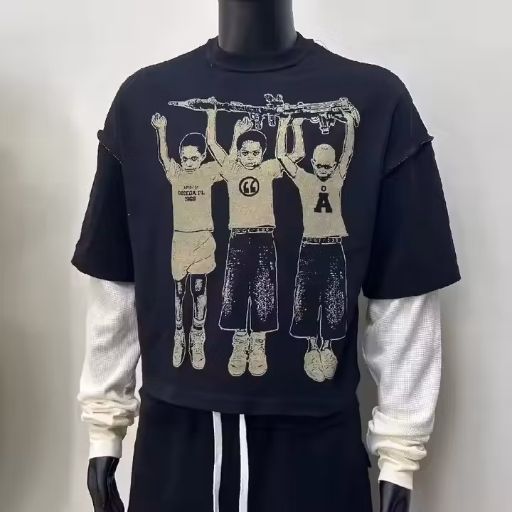 OEM Custom Baggy DTG Printing Logo Distressed Long Sleeve T-Shirt Distressed Double Layer Thermal Sleeve Reversed Shoulder T-Shirt Men