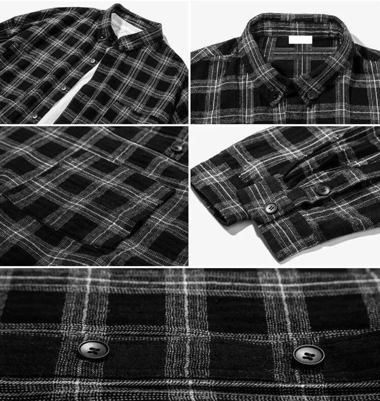 100%Cotton Long Sleeve Designers Black White Plaid Flannel Shirt Men