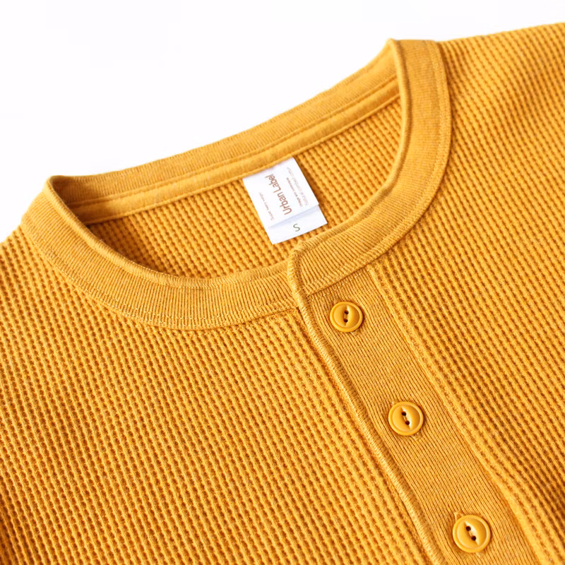 Fashion Cotton Waffle Long Sleeve Workout Leisure Wear Henley T-Shirts