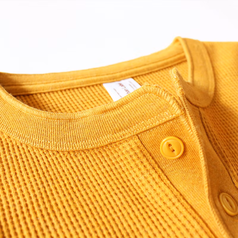 Fashion Cotton Waffle Long Sleeve Workout Leisure Wear Henley T-Shirts