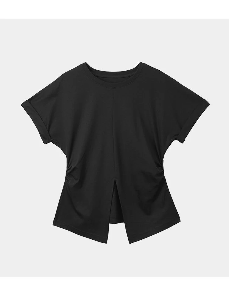 Summer Casual Loose Round Neck Short Sleeve T-Shirt Drawstring Split Bat Sleeve Sweatshirt for Women