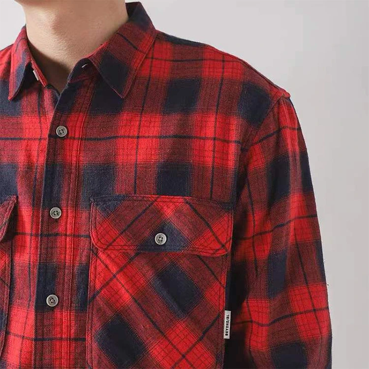 Wholesale European Style Men Red Black Plaid Long Sleeve Flannel Shirt