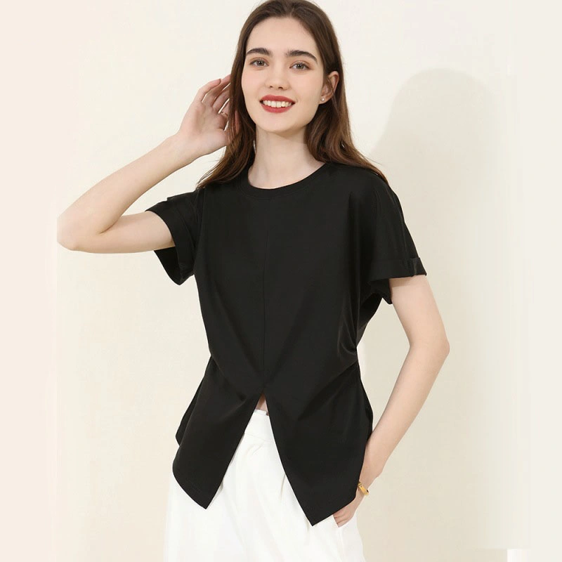 Summer Casual Loose Round Neck Short Sleeve T-Shirt Drawstring Split Bat Sleeve Sweatshirt for Women