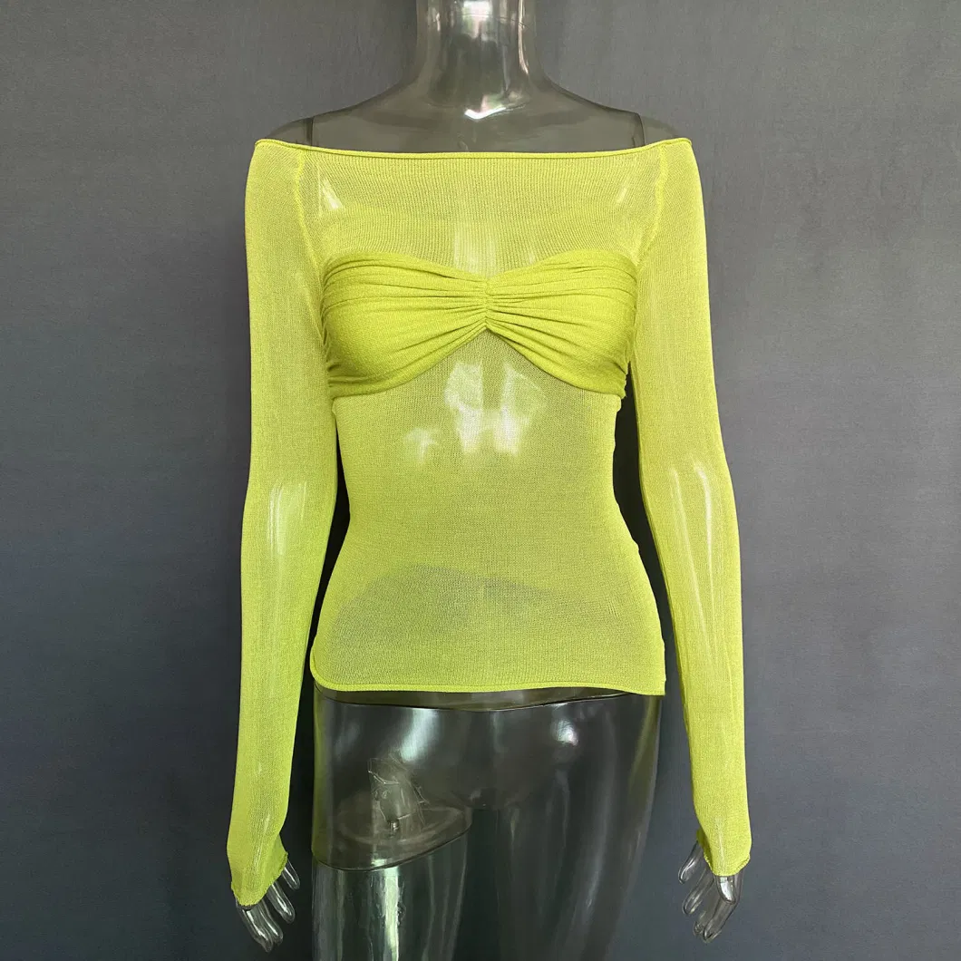 2024 Customized Spring/Summer Mesh Transparent Long Sleeved T-Shirt Fashion Strapless Sexy Top