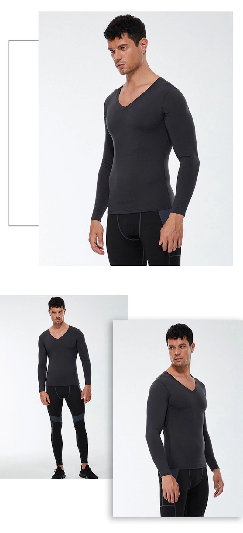 Tianchen Factory Wholesale Men&prime;s Compression Long-Sleeve Active Workout T-Shirt for Running Keep Warm Fleece Lined V Neck Sports Sweatshirts Gym Tops